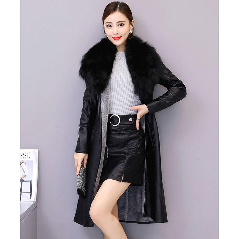 แจ็คเก็ตหนังผู้หญิงฤดูหนาว 2024 ใหม่เพิ่มกํามะหยี่Warm Slim Big Furคอยาวเสื้อหนังหญิงOuterwearกับเข็มขัดM-4XL