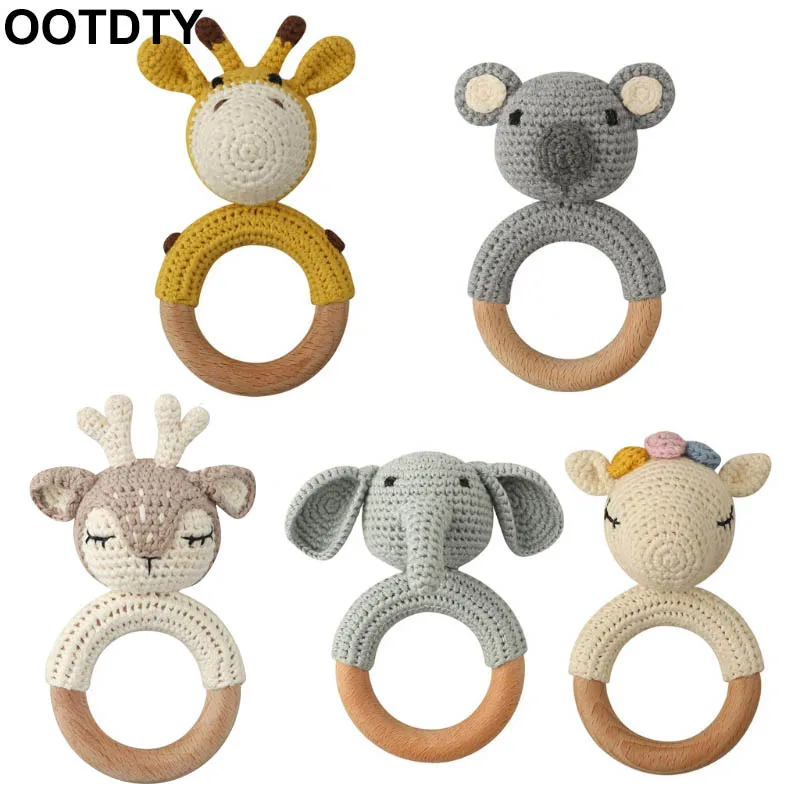 1Pc Baby Teether ปลอดภัยไม้ของเล่นมือถือ Pram Crib แหวนถัก DIY กวางยีราฟ Rattle จุกนมหลอกเด็กผลิตภัณฑ์