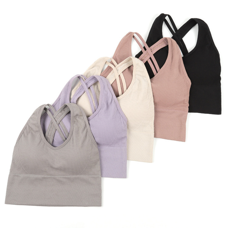 Tank Top Bra Olahraga Crop Top Yoga Wanita Pakaian Dalam Berkumpul Silang Lari Rompi Anti-keringat Kamisol Empuk Dapat Dilepas Perempuan