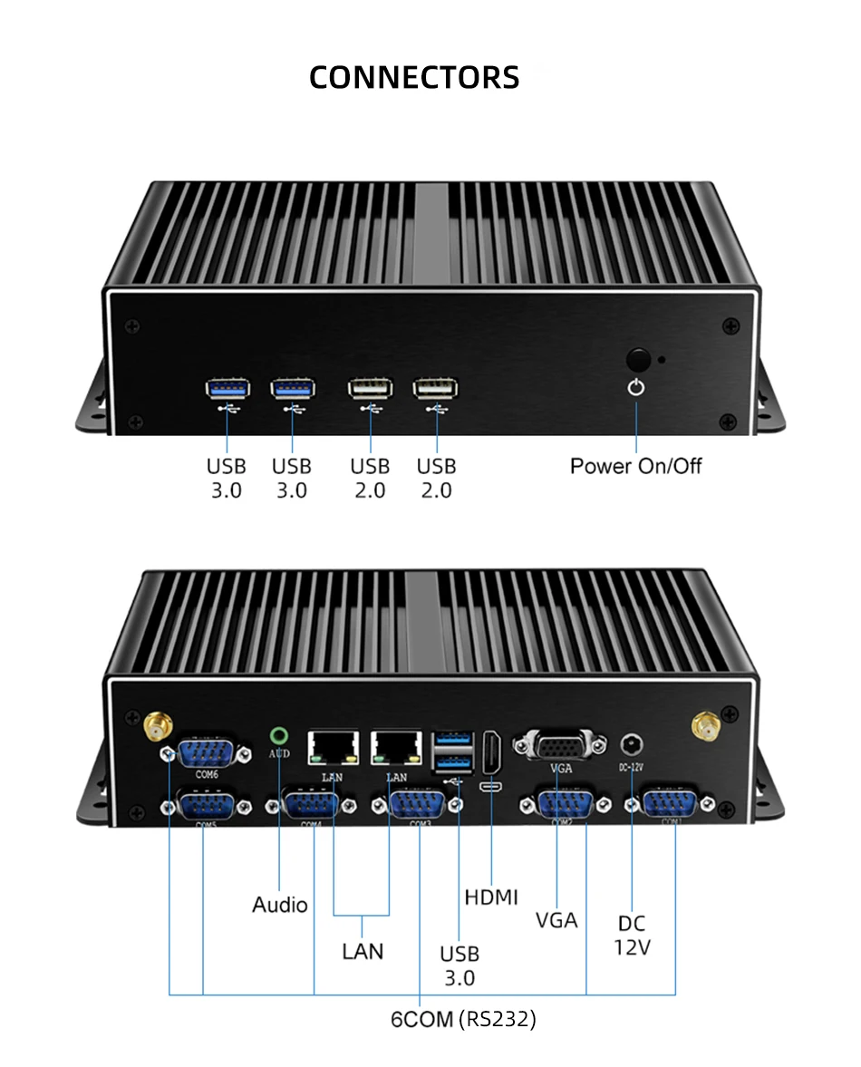 Quạt Không Cánh Mini PC Intel Core I3 4005U I5 4200U I7 4500U 6x RS232 DB9 2x Gigabit Ethernet 4G LTE wiFi HDMI VGA 6XUSB Windows Linux