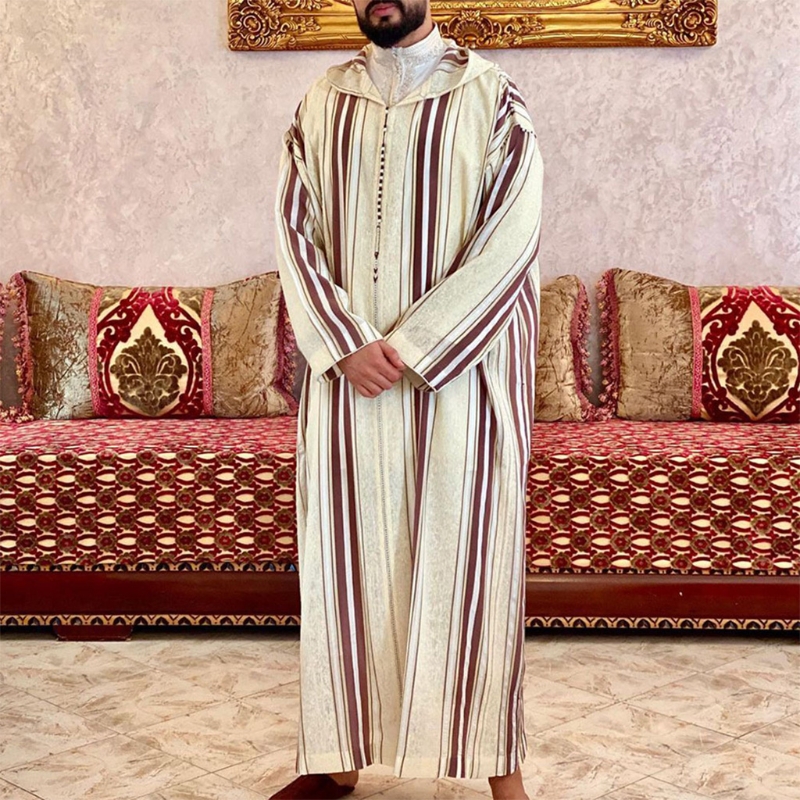 Muslimischen Kleider für Herren Langarm Streifen Dubai Hemd Kaftan Thobe Robe Kleid Gerade Freizeit Rennen Stil Kleidung