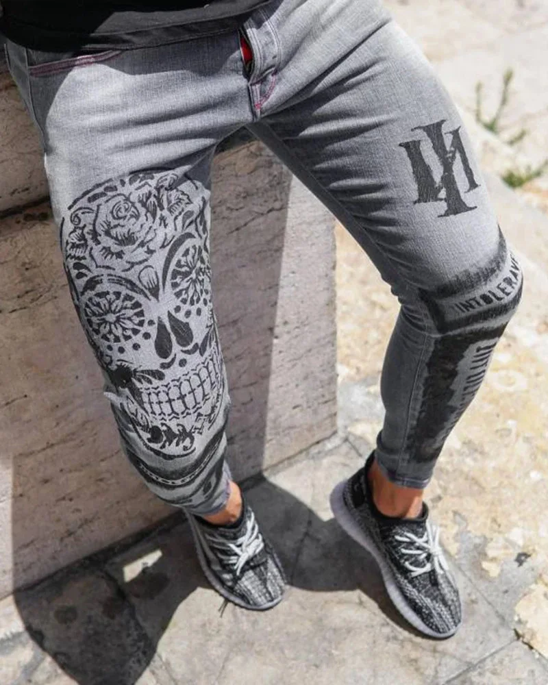 Pantalones vaqueros elásticos a la moda para hombre, pantalones informales, pantalones vaqueros grises ajustados con estampado, pantalones vaqueros estampados a la moda para hombre, pantalones pitillo para hombre