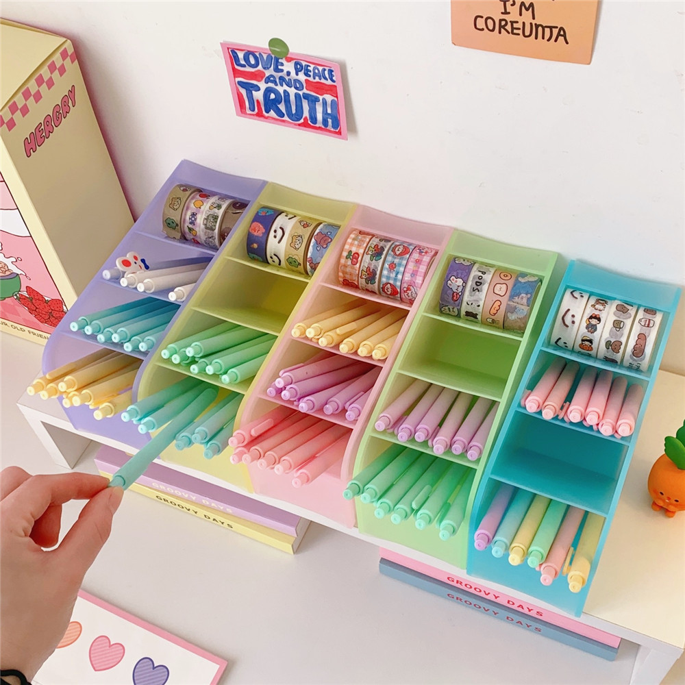 キャンディーカラー 4 グリッドデスクトップペンホルダーかわいい小さなビッグサイズメイクブラシ口紅ペン収納オーガナイザー学校文具