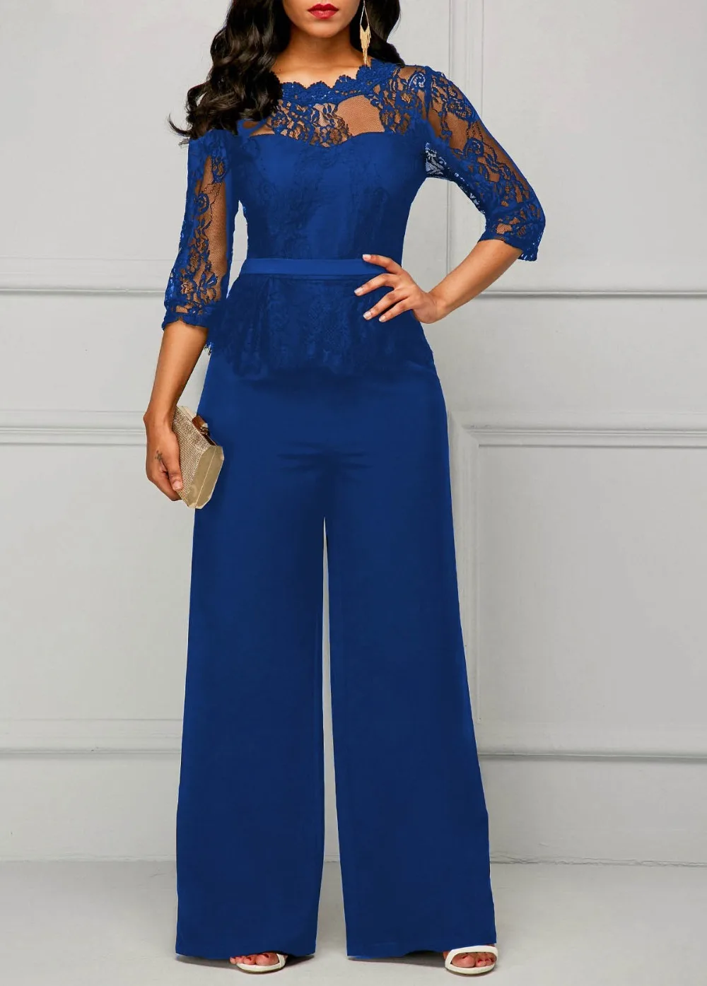Elegant เซ็กซี่ Jumpsuits ผู้หญิงแขนยาวลูกไม้ Patchwork Jumpsuit กางเกงหลวมกางเกงขากว้าง Rompers วันหยุดสีดํา Overalls