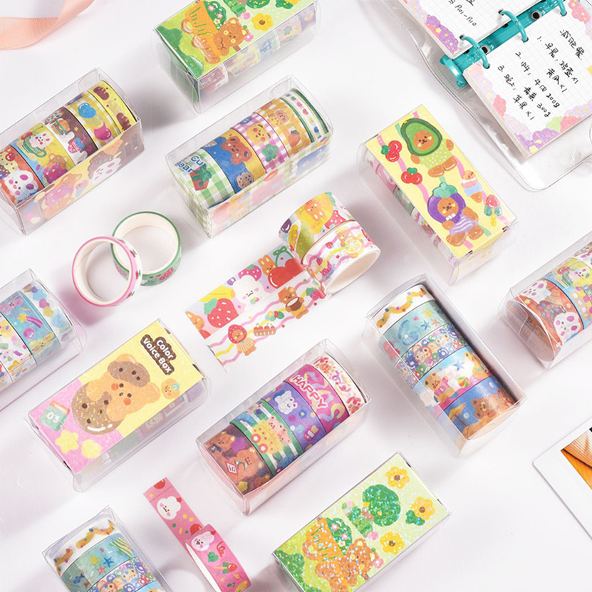 Kawaii Washi เทป5ม้วนเครื่องเขียนเกาหลี Escolar papeterie สติกเกอร์น่ารักกระดาษกาว scrapbook adhesiva washitape
