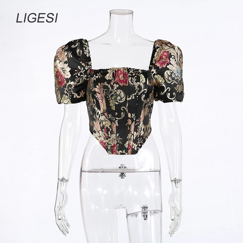 Camiseta curta sem alça com gola quadrada, blusa feminina sensual bordada com manga bufante e costas nuas com zíper elegante