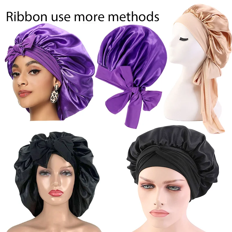 Bonnet de cetim com linha de gravata para mulheres, boné de sono noturno, turbante de chuveiro, unisex, cuidados com os cabelos, preto, rosa, novo