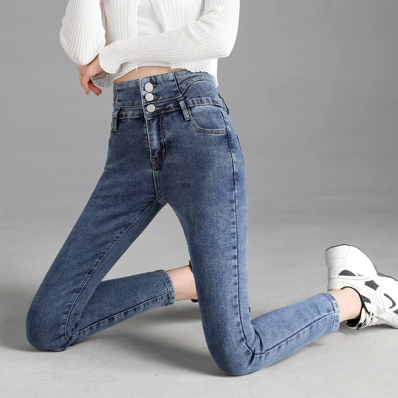 Nuevos pantalones vaqueros ajustados elásticos de cintura alta Vintage de alta calidad, pantalones pitillo con botones elásticos a la moda para mujer, pantalones vaqueros informales para mamá