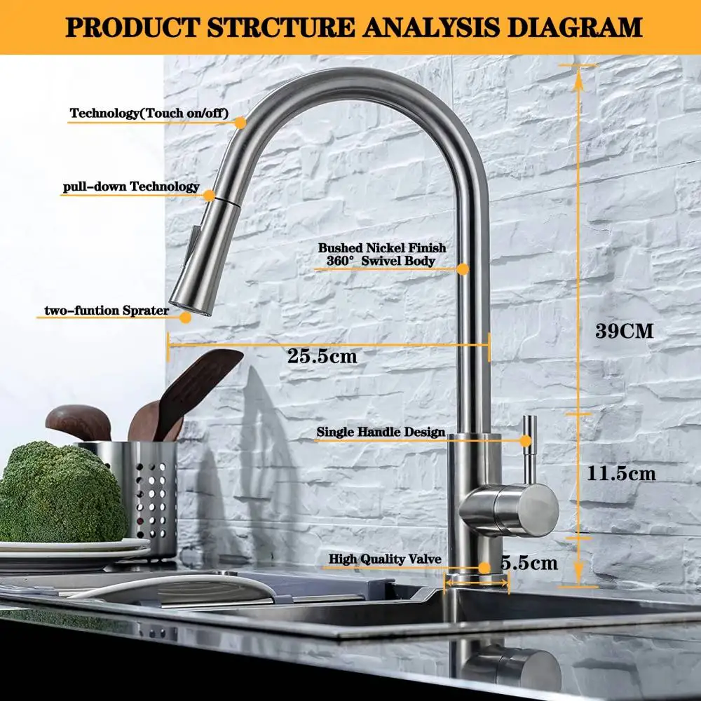DQOK ก๊อกน้ําห้องครัวดึง Brushed Nickle Sensor สแตนเลสสีดําสมาร์ท Induction Mixed Tap Touch Control Sink Tap