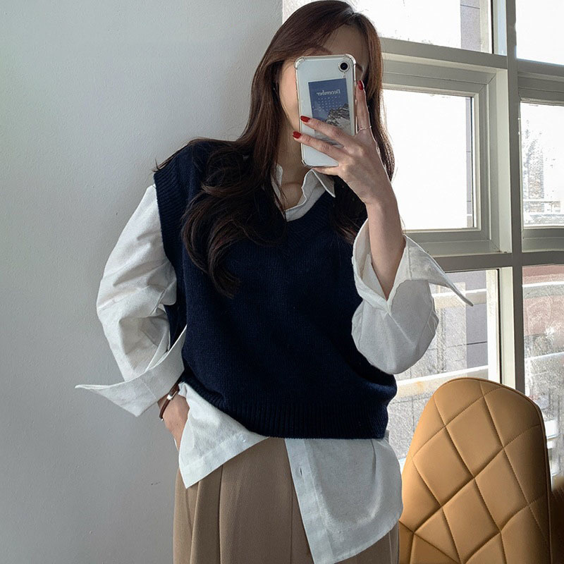 Korea Chic Bergaris V-neck Wanita 2021 Musim Gugur Baru Longgar Pakaian Luar Rompi Rajutan + Kemeja Putih Top Fashion Wanita X922
