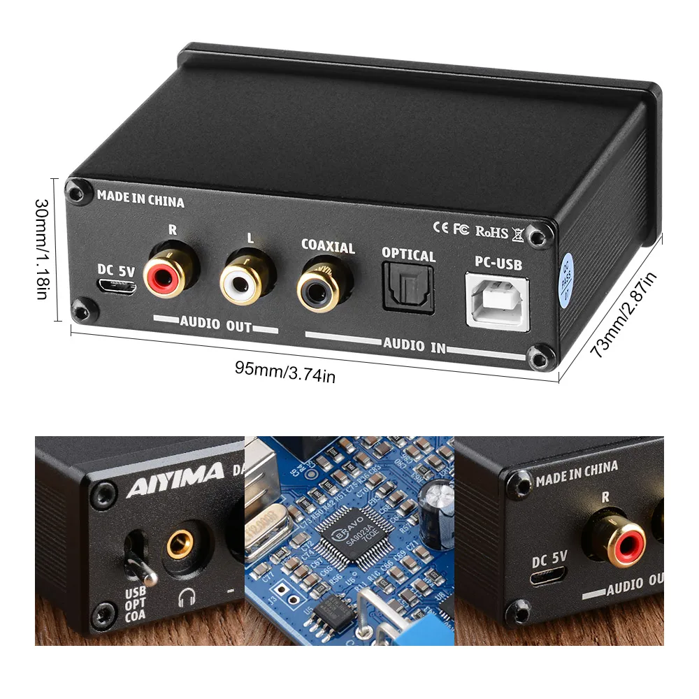 AIYIMA DAC-A2 Amplificador 2.0 Hifi Digital Decoder USB DAC Audio Headphone Amplifier 24Bit 96KHz Coaxial Optical Output RCA