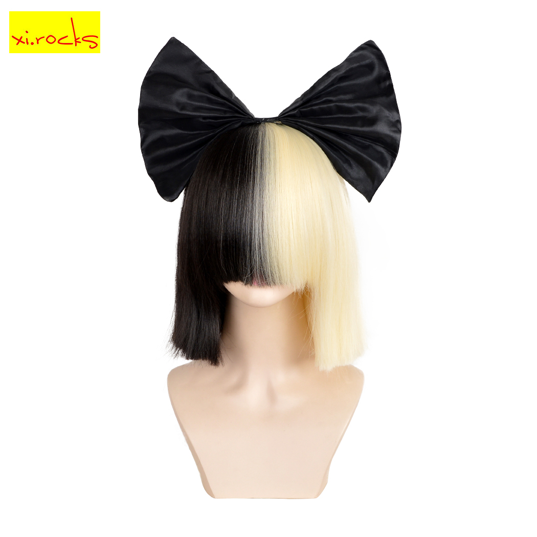 3494 Xi.Rocks krótki Ombre dla kobiet proste SIA Cosplay czarne blond peruki Bob z grzywką syntetyczne sztuczne włosy