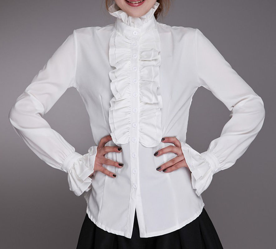 Mode Viktorianischen Blusen Frauen OL Büro Damen Weißes Hemd High Neck Rüschen Rüschen Manschetten Shirts Weibliche Bluse