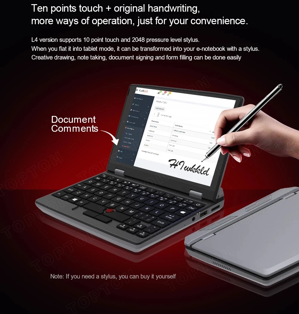 Topton Fanless Mini Pocket Gaming Laptop 7 Inch Touch Screen Intel N4000 12GB DDR4 Ultrabook Notebook 2.0MP Netbook Windows 11