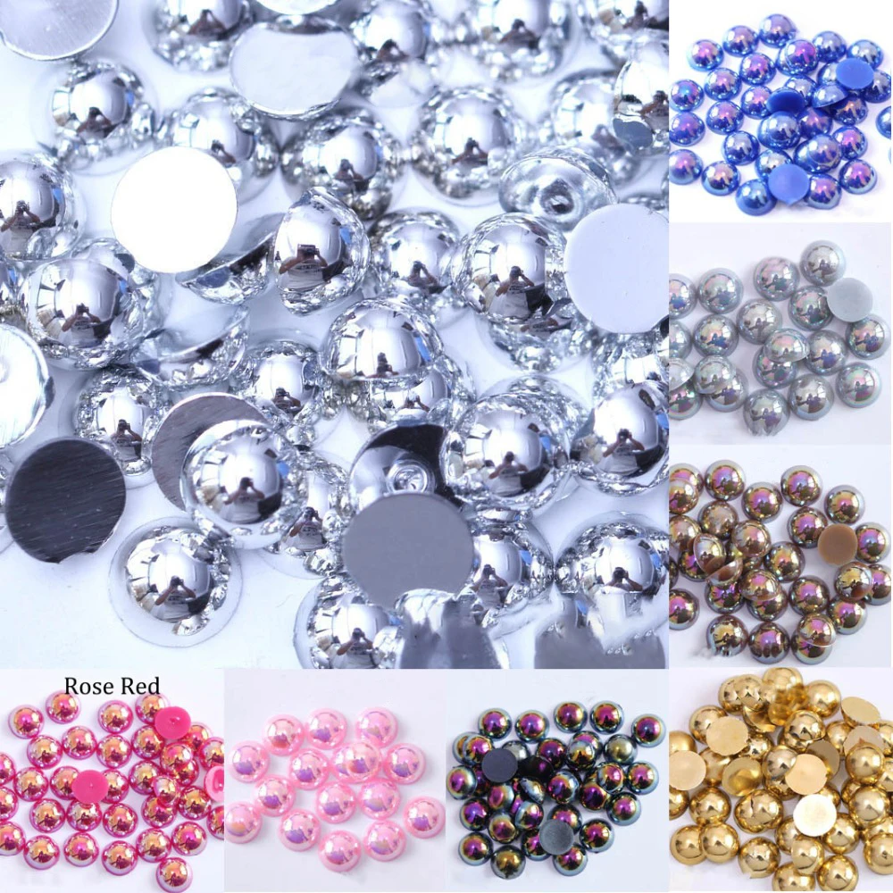 모조 ABS 진주 비즈 플랫 백 2 3 4 5 6 8 10 12 14 mm AB 색상 카보 숑 하프 라운드 비드 스크랩북 장식 DIY 쥬얼리