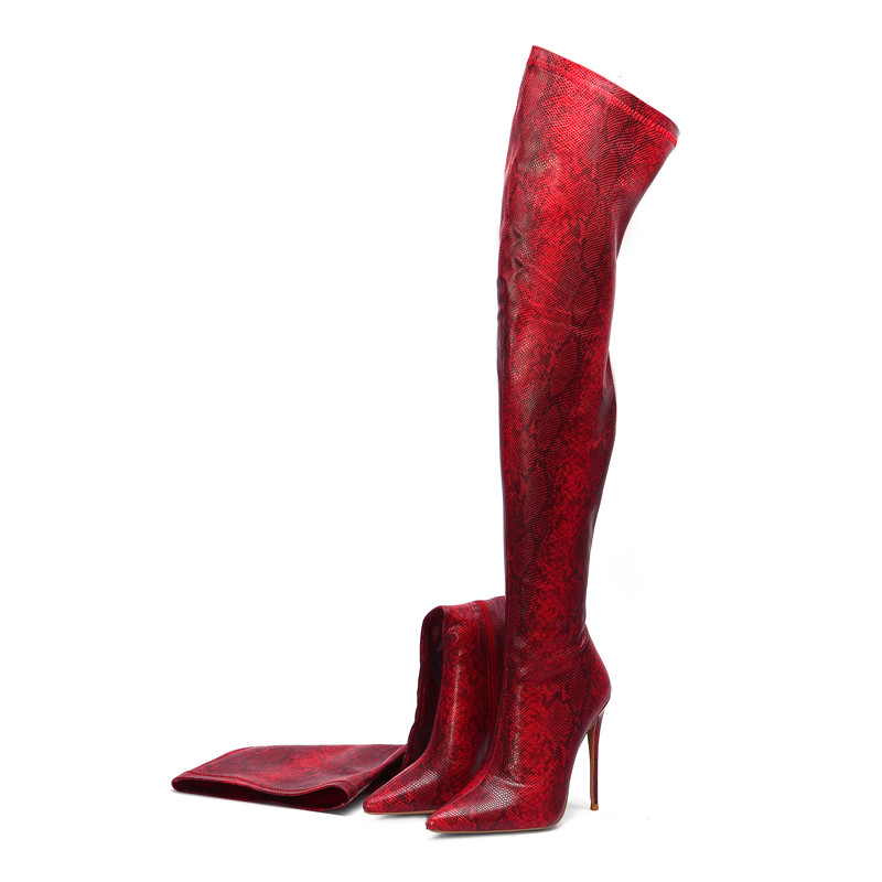 Merah Overknee Stiletto Kulit Ular Kulit Wanita Paha Tinggi Selangkangan Celana Sepatu Ujung Runcing Seksi Wanita Hak Tinggi Landasan Pacu Sepatu wanita