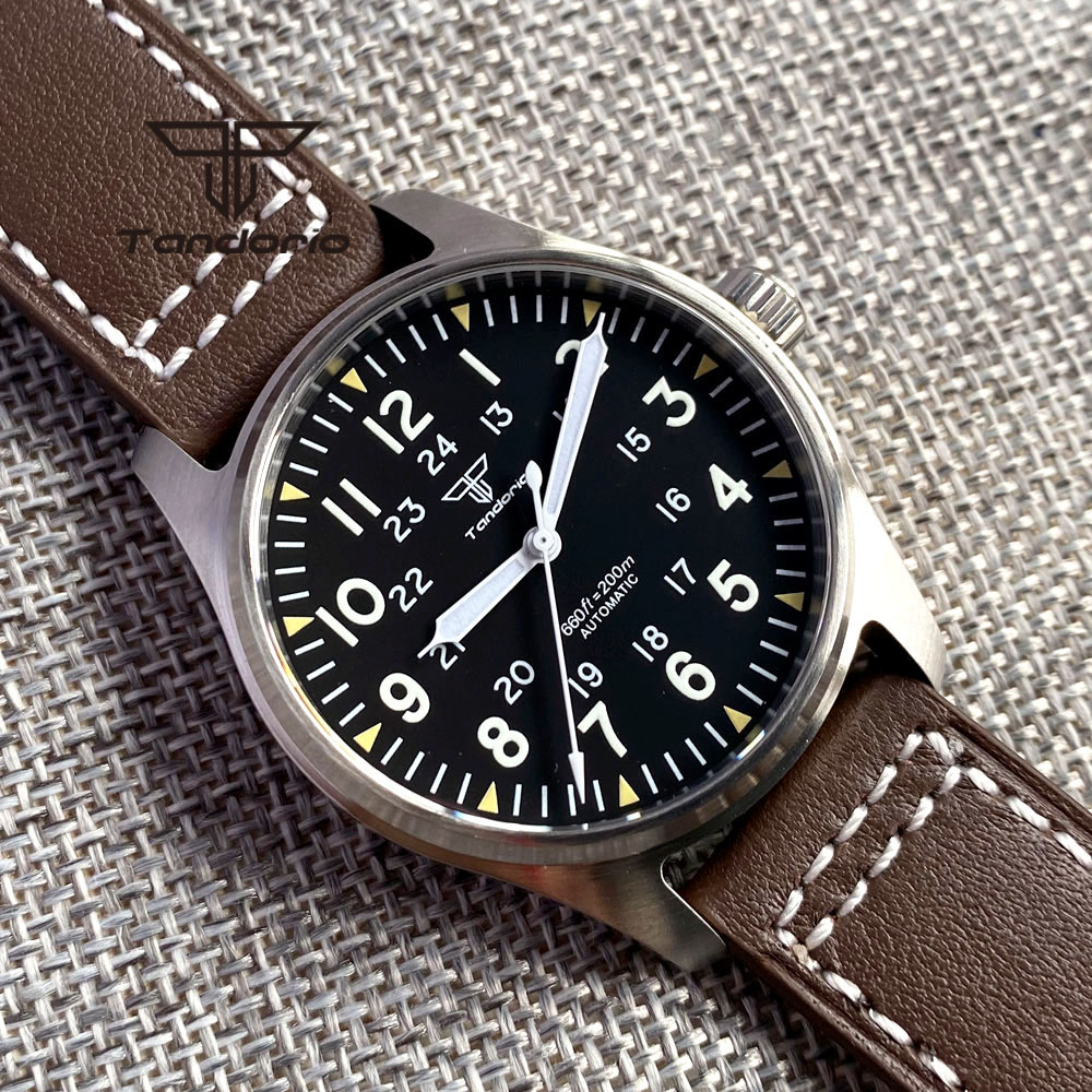 Tandorio 39 mm NH35A 20 bar automatische Tauchpiloten-Herrenuhren, Saphirglas, grünes Leuchtzifferblatt, Lederarmband, Schraubkrone