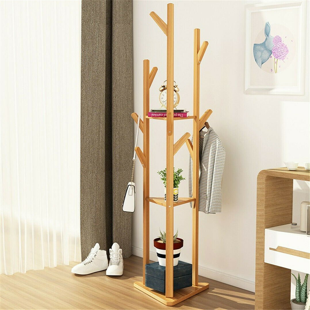 Appendiabiti in bambù Appendiabiti in tessuto per albero 9 ganci Mensola a 3 strati Supporto per corridoio Soggiorno per cappelli, vestiti, sciarpe, borse, ombrellone