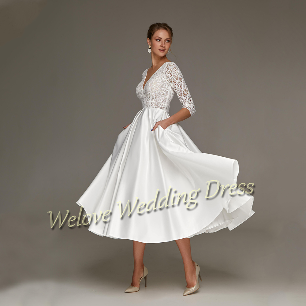 Tea Length Satin Wedding Dress A Line 3/4 Sleeve Lace Simple White Civil Short Bridal Gown Custom Plus Size Robe De Marirage