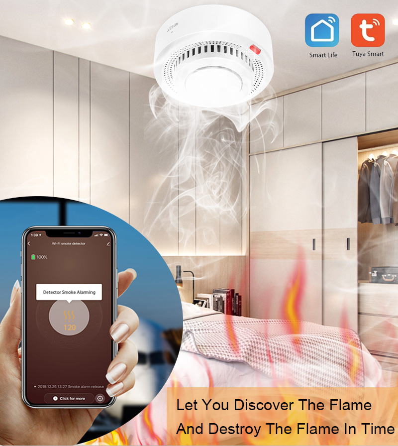 Tuya-Detector de humo WIFI, Sensor de alarma de protección contra incendios, funciona con batería inalámbrica independiente, alerta de empuje de vida inteligente, seguridad del hogar