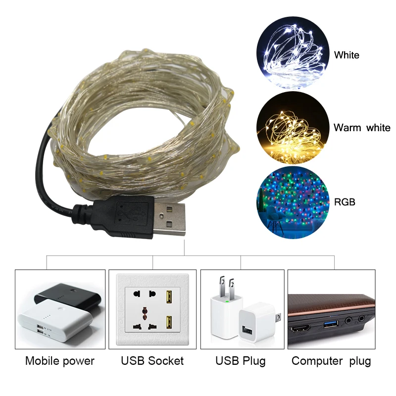 LED String light 5M 10M คลิป USB ไฟ LED Fairy แบตเตอรี่ดําเนินการ Garland ห้องนอนหน้าแรกงานแต่งงานตกแต่งคริสต์มาส