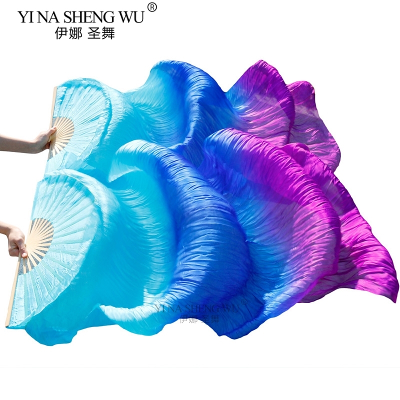 뜨거운 판매 아이 여성 밸리 댄스 팬 1 쌍 그라디언트 색상 댄서 연습 긴 모조 실크 팬 150/180x90cm 레이온 실크 팬