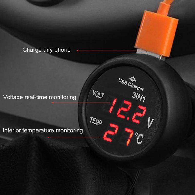 Universal 12v 24v carro medidor de volt auto led digital voltímetro medidor termômetro carregador usb tensão