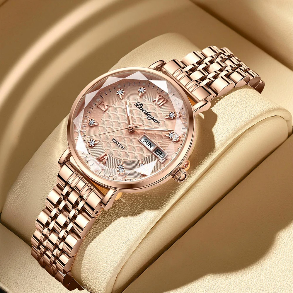 Reloj POEDAGAR para mujer, nueva moda, reloj de pulsera de acero inoxidable de lujo, pulsera Simple de oro rosa, relojes luminosos impermeables para mujer
