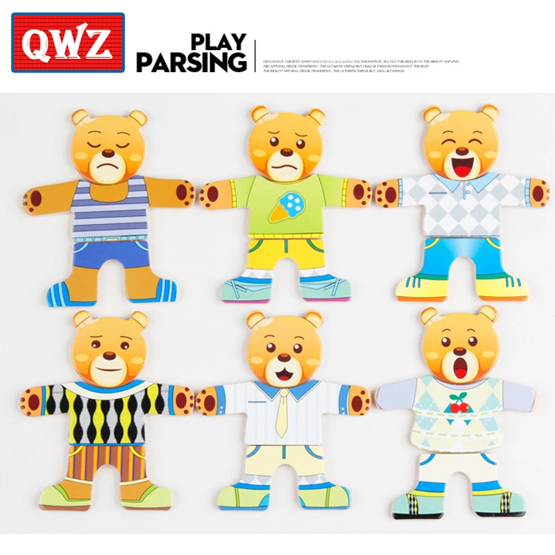 Qwz pequeno urso mudar roupas educação precoce das crianças quebra-cabeça de madeira jogo de vestir brinquedos de quebra-cabeça do bebê para crianças presente