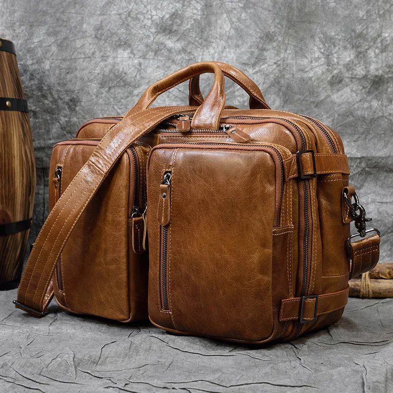 Luufan Echtem Leder Männer Aktentasche 14 "Schwarz Laptop Business-Handtasche Echt Leder Retro Aktentasche Umhängetasche Für Männliche