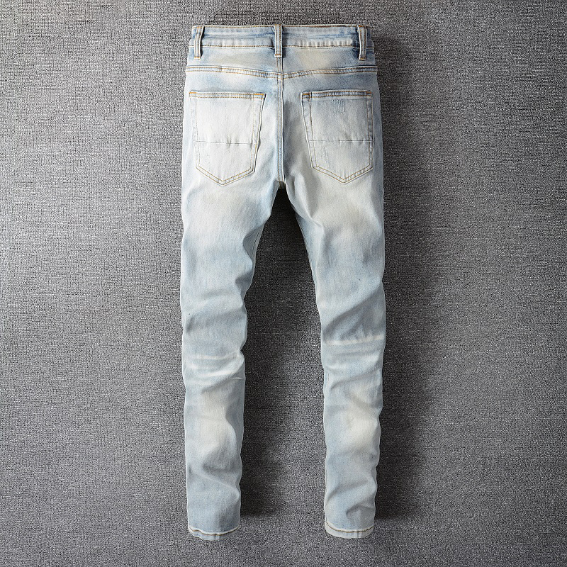 Männer Kristall Löcher Zerrissene Patchwork Jeans Streetwear Hellblau Denim Dünne Dünne Bleistift Hosen Hosen