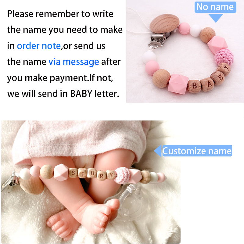 Clipes de chupeta de madeira de silicone com nome personalizado, feitos à mão, corrente de dentição segura, mordedor de bebê, ecológico, suporte de clipes de manequim