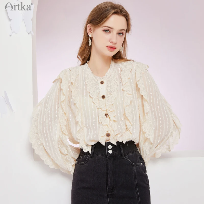 ARTKA-우아한 레이스 궁전 스타일 블라우스 화이트 셔츠 SA28012C, 레이스 프릴 랜턴 슬리브, 2021 봄 신제품