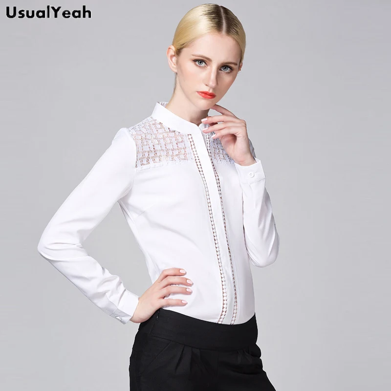 Neue Mode Büro Bluse Frauen Stehen Kragen Spitze Patch Langarm Körper Hemd Strampler Körper Tops Bluse aushöhlen Body weiß
