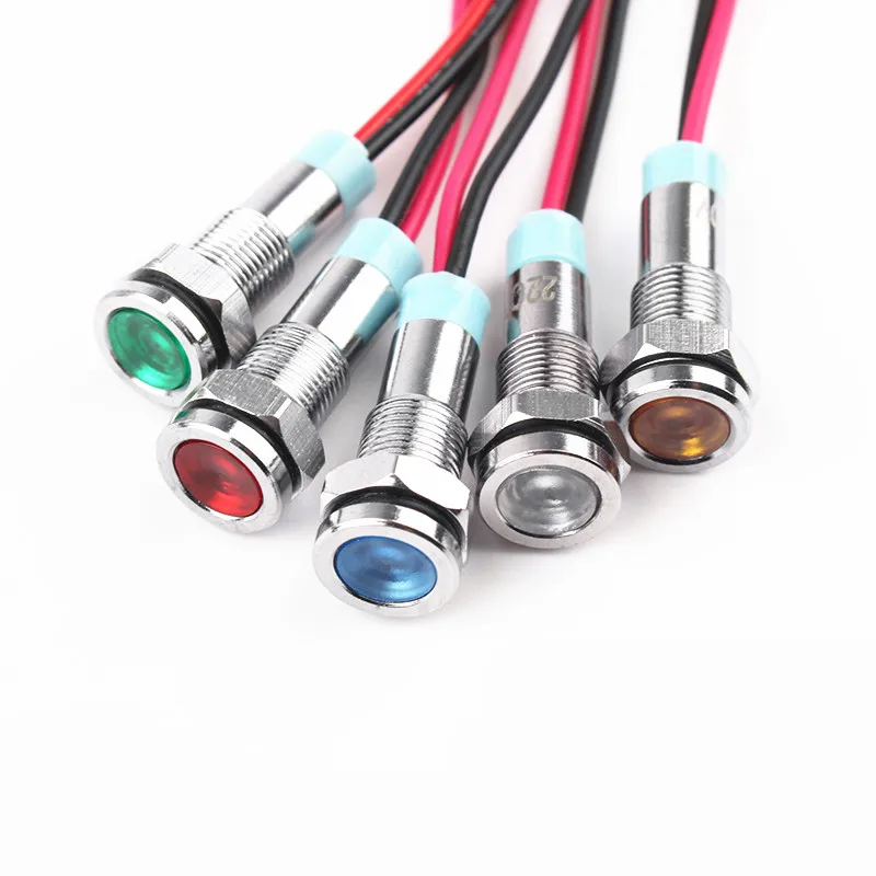 1 Uds. Luz indicadora de Metal LED de cabeza plana de 8mm lámpara de señal impermeable de 8mm 6V 12V 24V 220v con cable rojo amarillo azul verde blanco