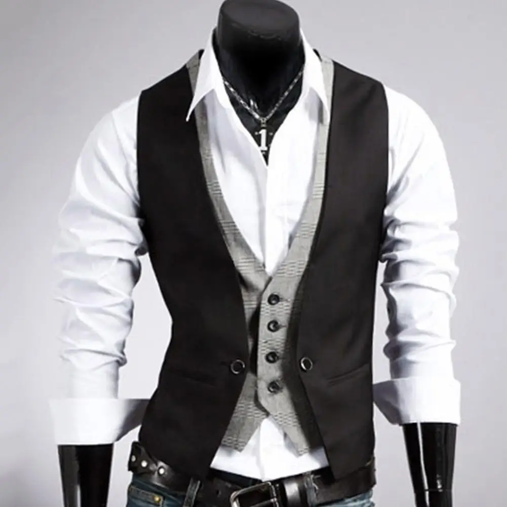 Chaleco Formal para hombre, chaleco de negocios de Color sólido con un solo botón, chaleco falso de dos piezas con cuello en V, chalecos informales ajustados para hombre