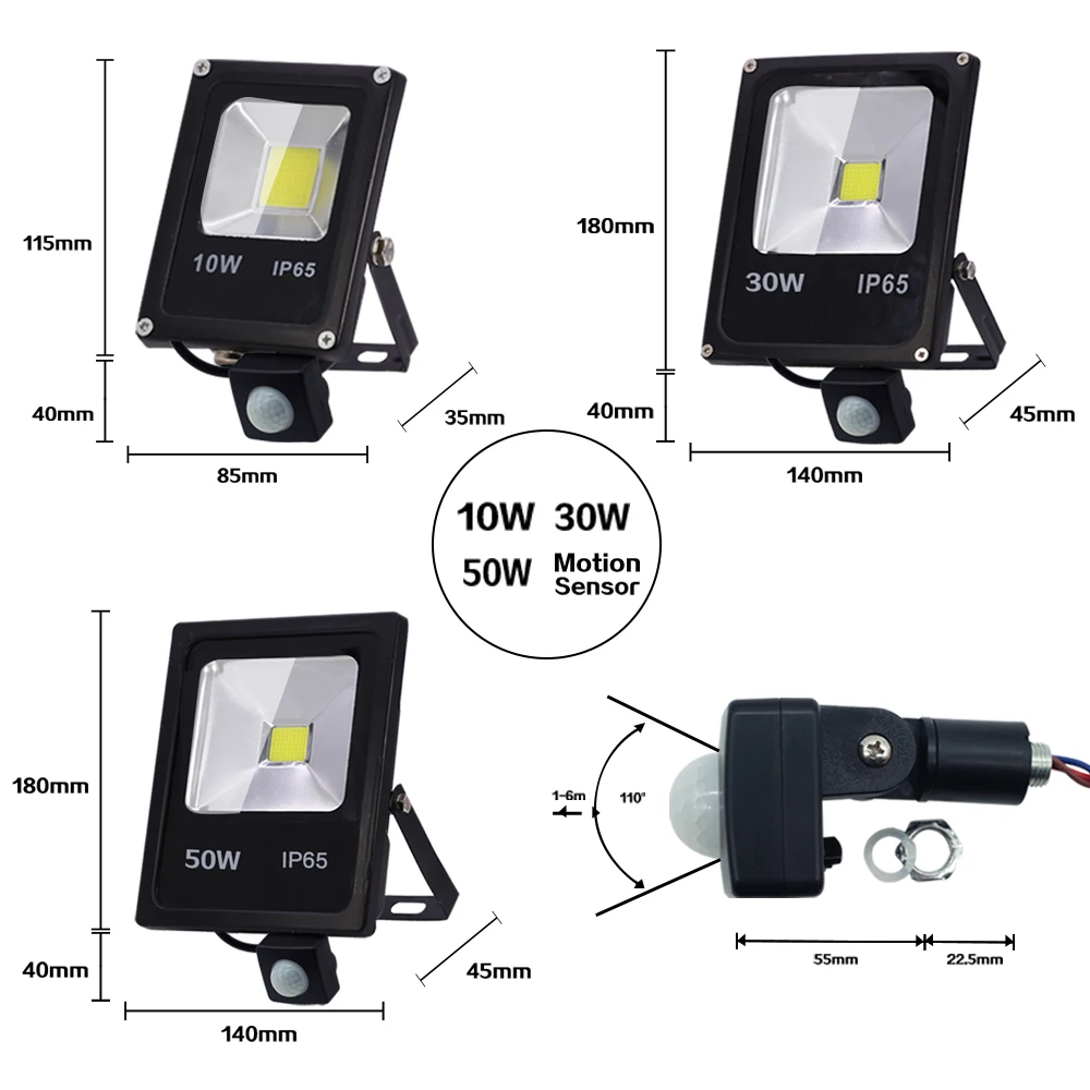 220V Led Flutlicht 10W 30W 50W Reflektor Flutlicht Wasserdicht Ip65 Garten Scheinwerfer Pir Motion Sensor wand Außen Beleuchtung
