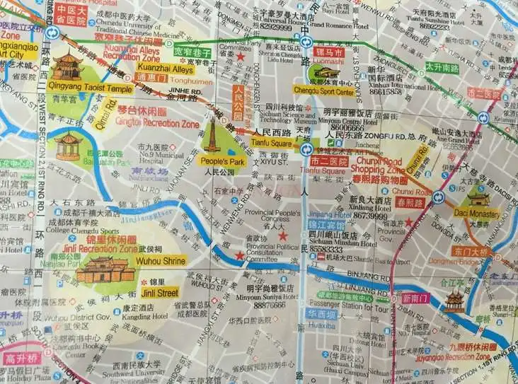 Mapa del recorrido turístico de Chengdu Versión china y inglesa de Chengdu Mapa de viaje Mapa de la ciudad de Chengdu