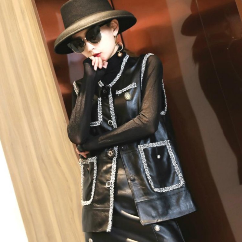 ヴィンテージ女性のノースリーブoネックベストトップタッセルレディカジュアル高品質羊革ベストをチョッキ