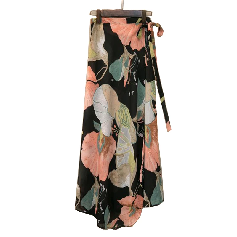 Falda de gasa con estampado Floral para mujer, Falda larga de cintura alta con abertura lateral para playa, Verano