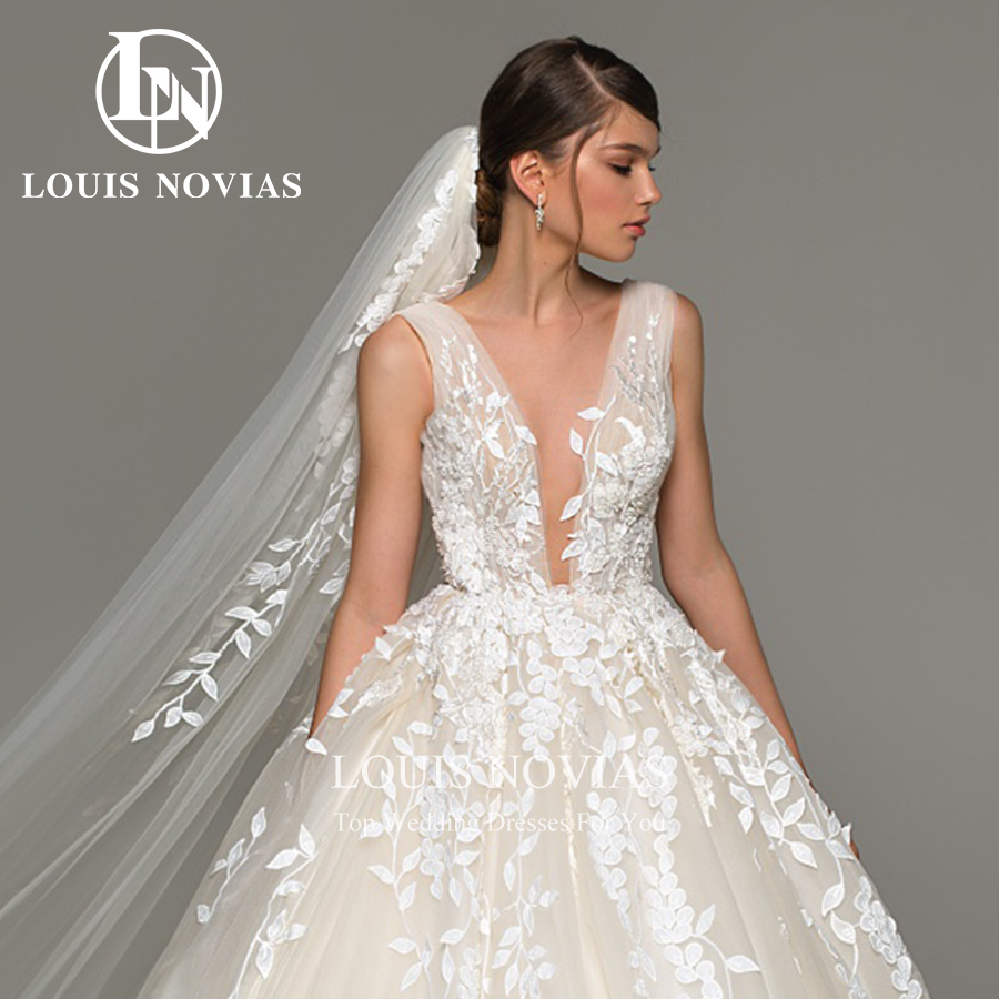 LOUIS NOVIAS Abiti da sposa per le donne Elegante backless in rilievo Fiori ricamo senza maniche Abito da sposa Abiti da sposa