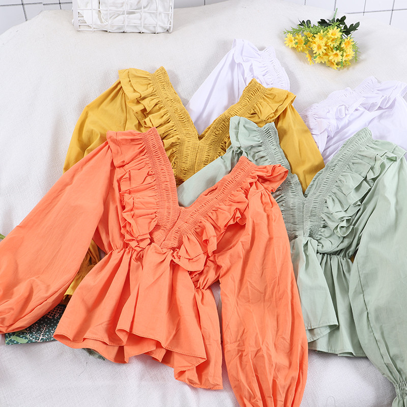 Blusa feminina manga longa com babados, camisa feminina com gola v de manga comprida para primavera e outono 2020, blusas femininas sólidas com costas nuas, tops curtos ab1924