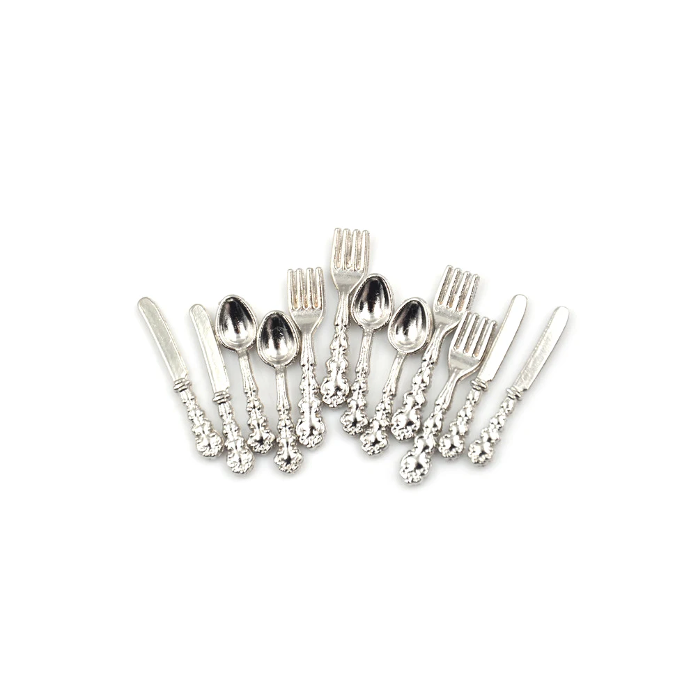 12 Chiếc 1:12 Mini Vintage Nhà Búp Bê Lắp Ghép Mô Hình Thu Nhỏ Bộ Đồ Ăn Dao Kéo Kim Loại Vàng Bạc Dao Muỗng Nĩa Thực Phẩm Nhà Bếp Đồ Gỗ Đồ Chơi