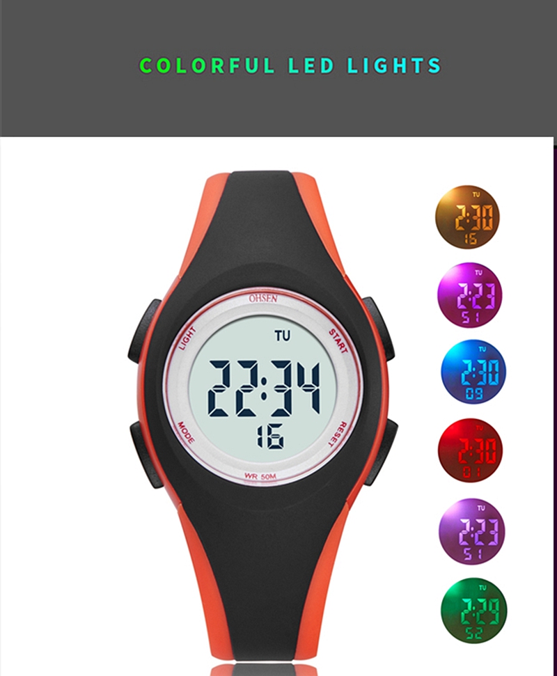 Relojes digitales OHSEN para niños, reloj de pulsera LED resistente al agua para deportes al aire libre, color verde militar, cronómetro con alarma, reloj electrónico para niños