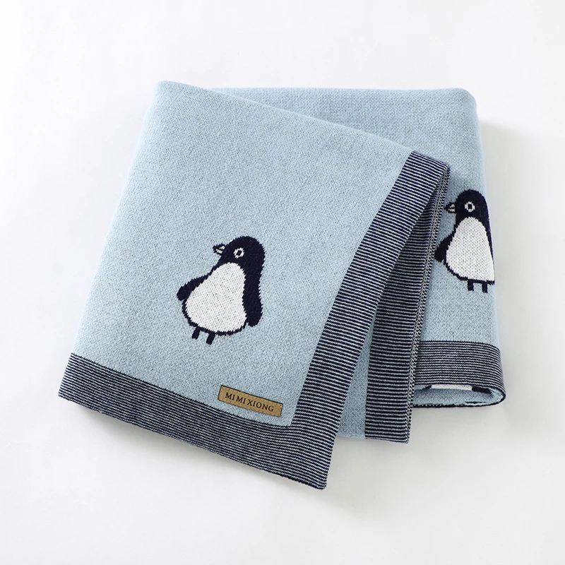 Chăn Quấn Sơ Sinh Cotton Kẻ Sọc Đan Cho Bé Trai Bé Gái Xe Đẩy Bọc Đầm Giường Cho Trẻ Sơ Sinh Ngủ Có Hình Chim Cánh Cụt Dễ Thương Mềm Chần Gòn