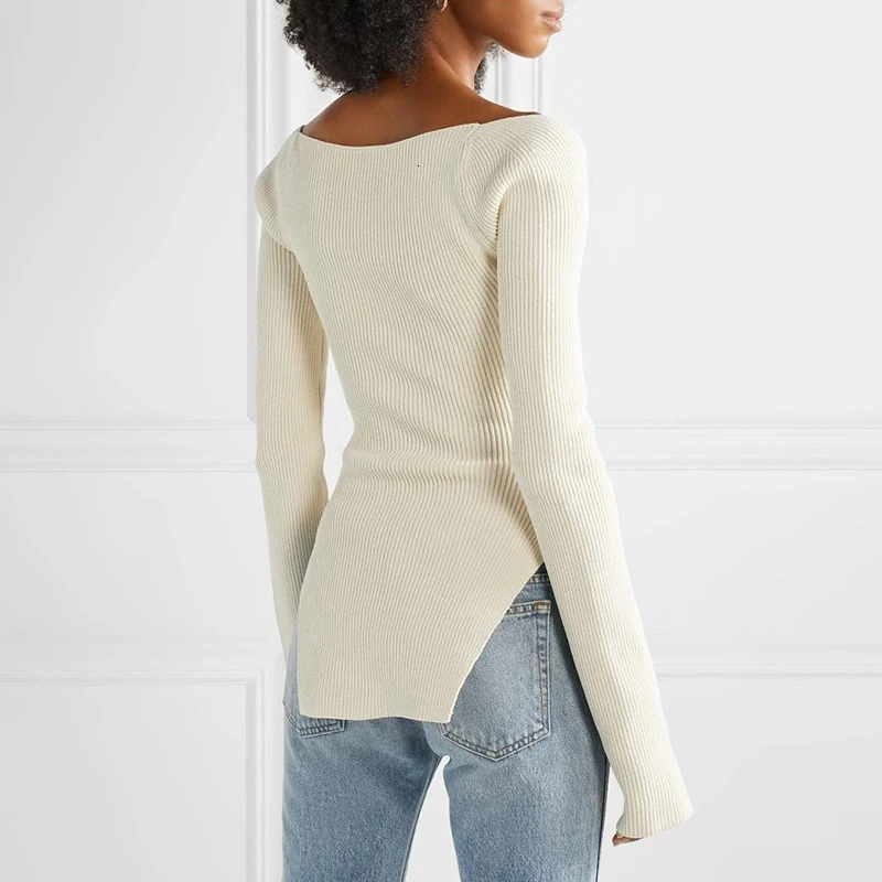 TWOTWINSTYLE Weiß Side Split Gestrickte frauen Pullover Quadrat Kragen Langarm Pullover Weibliche Herbst Mode Neue Kleidung 2022
