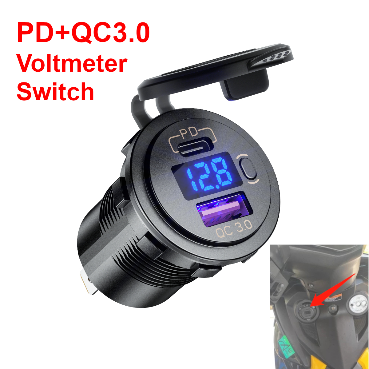 PD tipo C QC3.0 USB enchufe de cargador de coche con interruptor voltímetro toma de corriente carga rápida para 12V 24V motocicleta RV barco ATV
