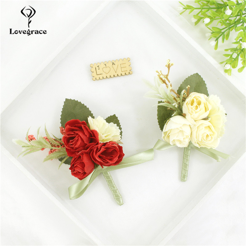 แต่งงาน Boutonniere ผ้าไหมกุหลาบ Corsage ข้อมือสร้อยข้อมือ Bridesmaid ดอกไม้เจ้าบ่าว Buttonhole ชุด Broche Mariage