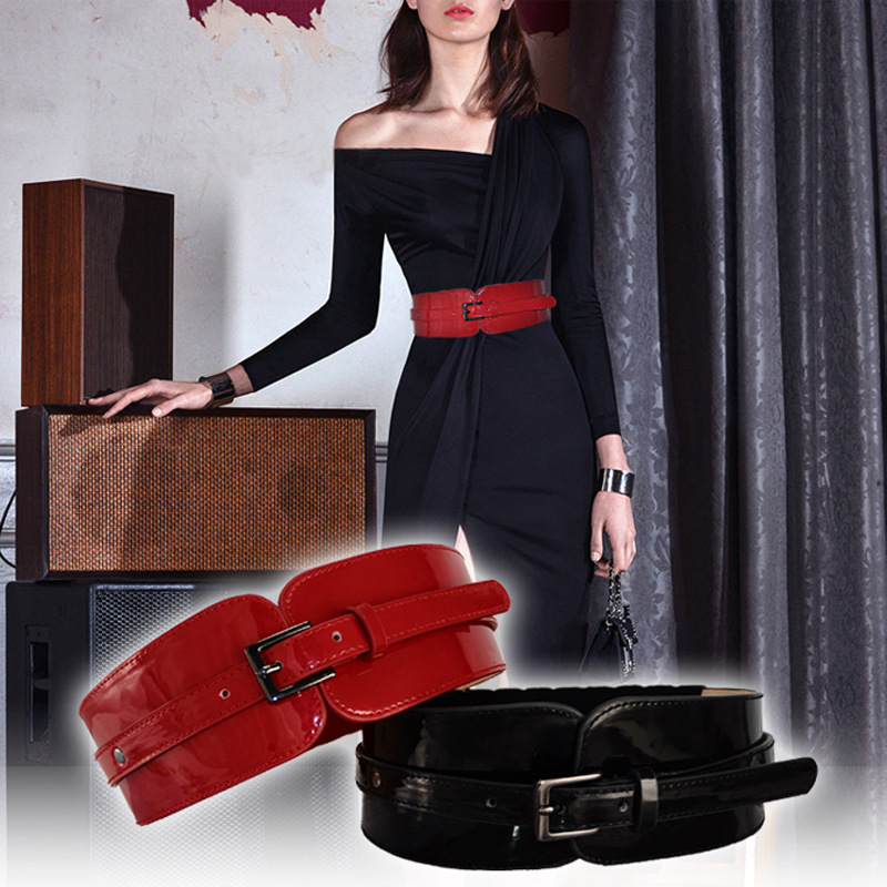 Women Waist Cover Bright Leather European And American Fashion Belt Korean Version Versatile Female Red Black 80-95CM fashion
