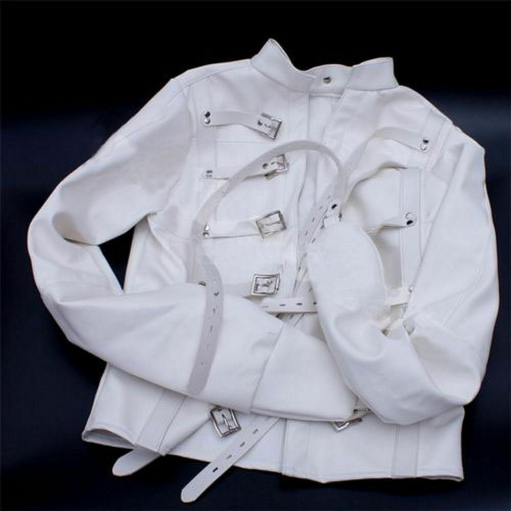 Traje de jaqueta reta de assimilo branco S/M L/XL Arnês de corpo Armbinder de contenção